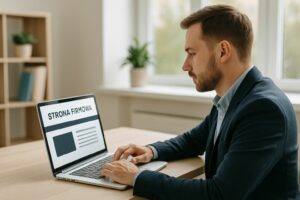Właściciel małej firmy pracuje nad swoją stroną internetową na laptopie