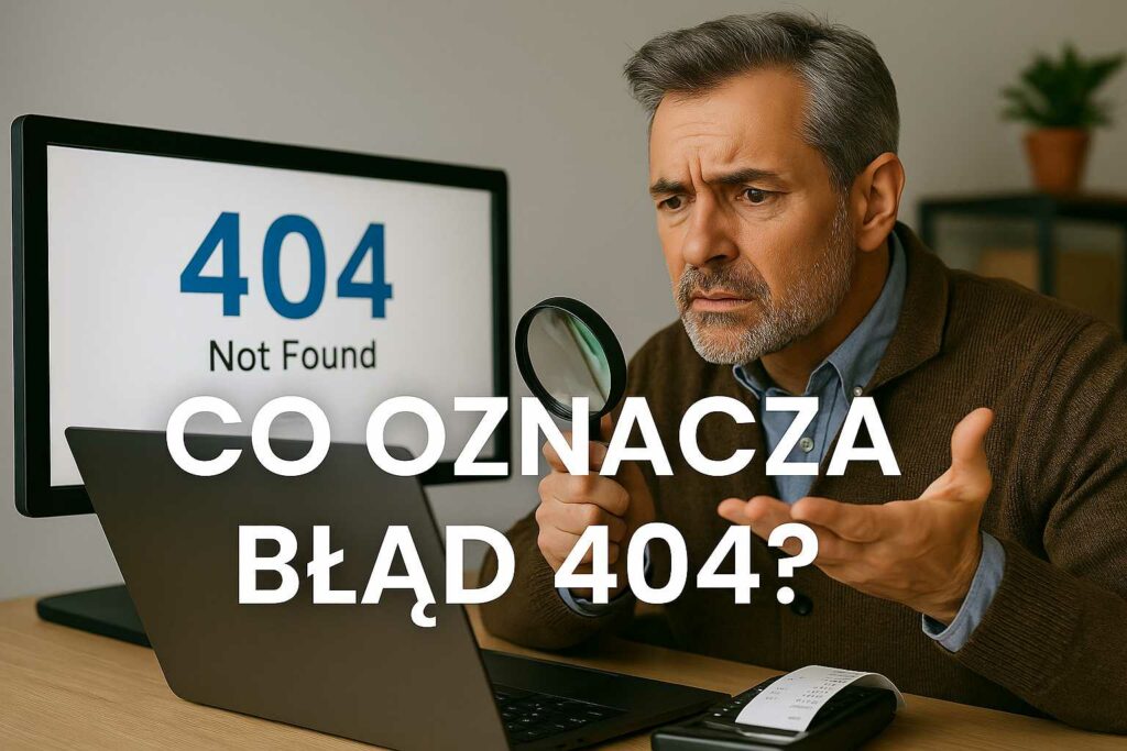 Zdezorientowany mężczyzna patrzy na ekran z komunikatem 404 Not Found, trzymając lupę w dłoni, obok laptopa i drukarki paragonów