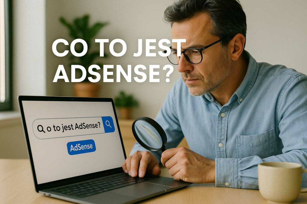 Mężczyzna w okularach przygląda się ekranowi laptopa z lupą w ręku, na ekranie widoczna fraza Co to jest AdSense?