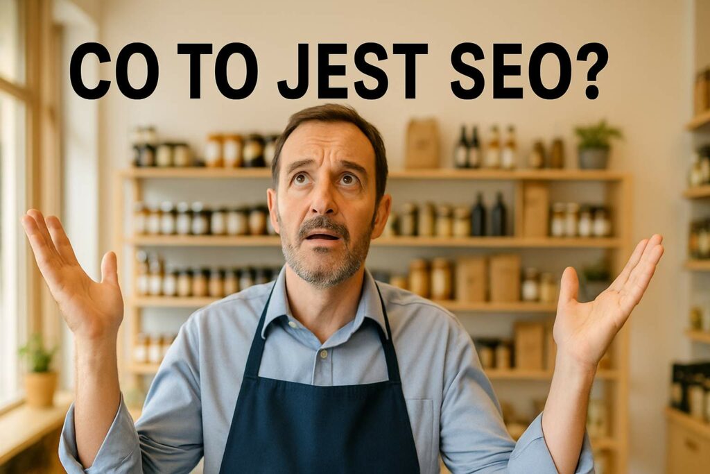 Właściciel sklepu unosi ręce i patrzy w górę, pytając „Co to jest SEO?” w otoczeniu regałów z produktami