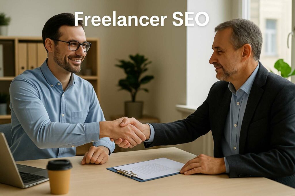 Specjalista freelancer SEO ściska dłoń właściciela małej firmy przy podpisywaniu umowy nad biurkiem