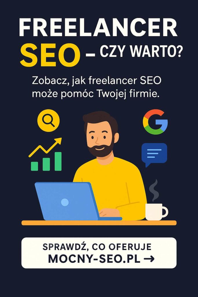 freelancer-seo-pinterest Grafika przedstawiająca freelancera SEO przy pracy, z elementami pozycjonowania i zaproszeniem do poznania oferty mocny-seo.pl.