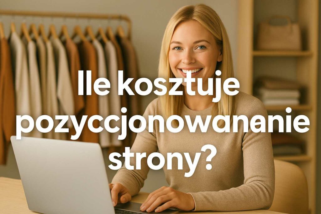 Uśmiechnięta właścicielka butiku z odzieżą pracuje na laptopie przy ladzie, z napisem Ile kosztuje pozycjonowanie strony? na ekranie