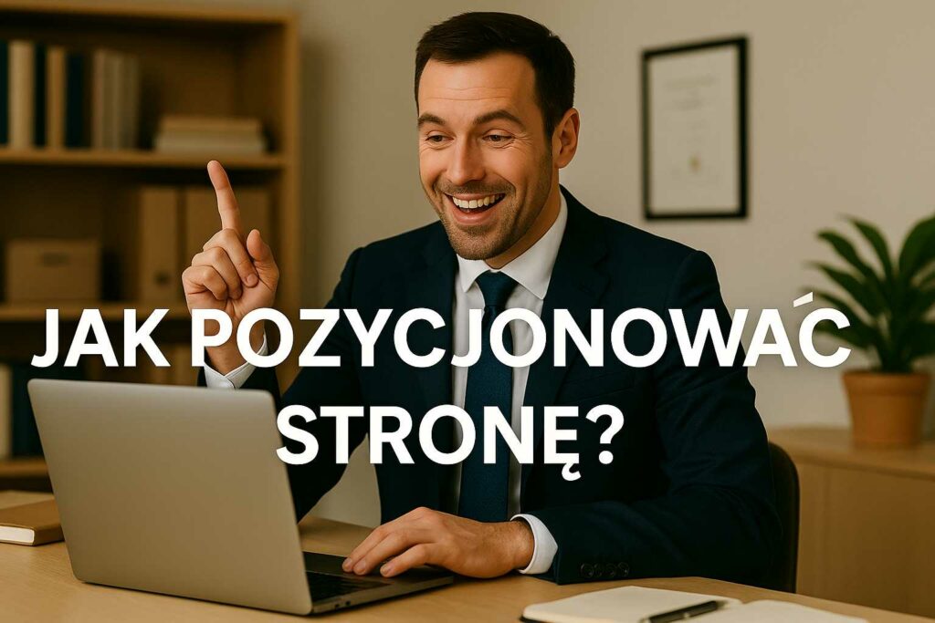 Mężczyzna w garniturze z uśmiechem tłumaczy strategię SEO, wskazując na ekran laptopa, z napisem Jak pozycjonować stronę?