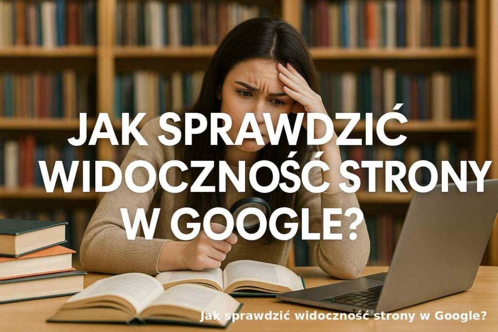 Kobieta analizuje widoczność strony w Google na laptopie, siedząc w bibliotece, z dyskretnym tytułem Jak sprawdzić widoczność strony w Google?