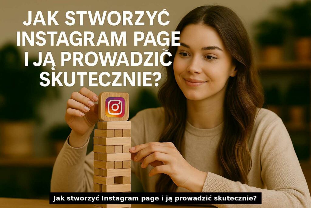 Młoda kobieta buduje wieżę Jenga z drewnianym klockiem Instagrama, a na dole widoczny jest napis Jak stworzyć Instagram page i ją prowadzić skutecznie?