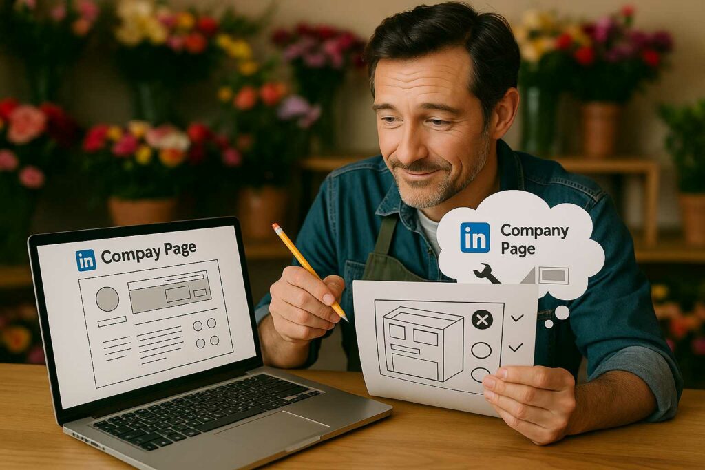 Florysta w fartuchu siedzi w kwiaciarni i planuje stworzenie strony firmowej na LinkedIn – trzyma instrukcję przypominającą montaż IKEA, z widocznym szkicem strony na laptopie i chmurką myśli