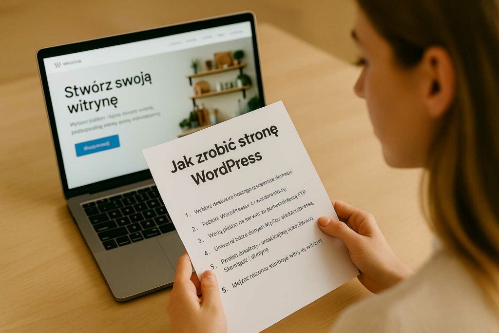 Młoda kobieta siedzi przy biurku, trzymając kartkę z instrukcją „Jak zrobić stronę WordPress?”, a na ekranie laptopa widoczny jest edytor tworzenia witryny