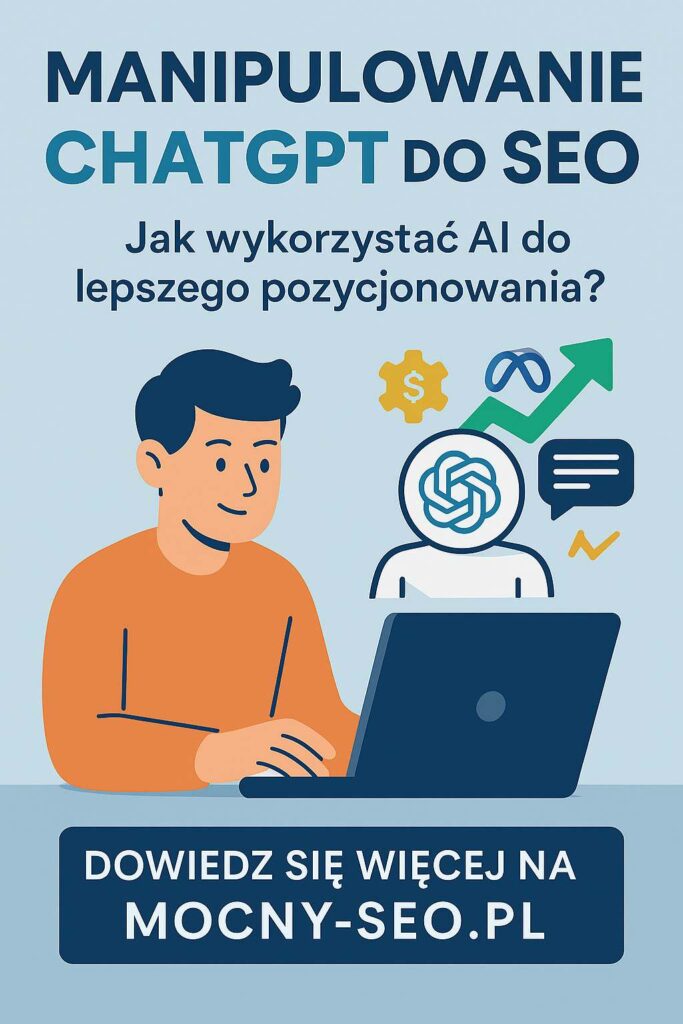 manipulowanie-chatgpt-do-seo Manipulowanie ChatGPT do SEO – grafik przedstawia ekran komputera z oknem AI i wykresem pozycji w Google, osoba analizuje dane, obok widoczne są symbole optymalizacji SEO.