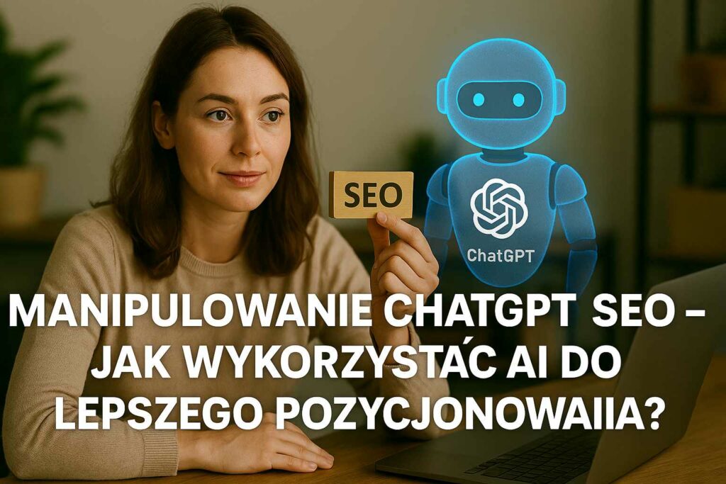 Młoda kobieta trzyma klocek z napisem SEO i patrzy na hologram ChatGPT – realistyczna ilustracja do tematu „Manipulowanie ChatGPT do SEO – jak wykorzystać AI do lepszego pozycjonowania?”