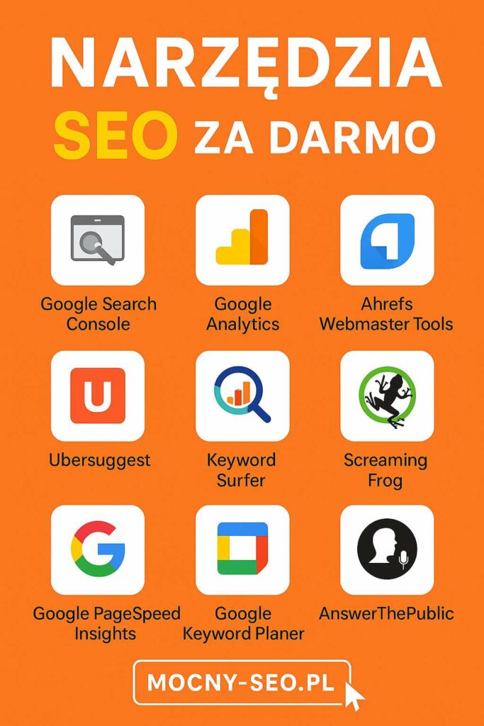 narzedzia-seo-za-darmo-150ko Infografika prezentująca 9 bezpłatnych narzędzi SEO do optymalizacji strony internetowej, w tym Google Search Console, Ahrefs i Ubersuggest
