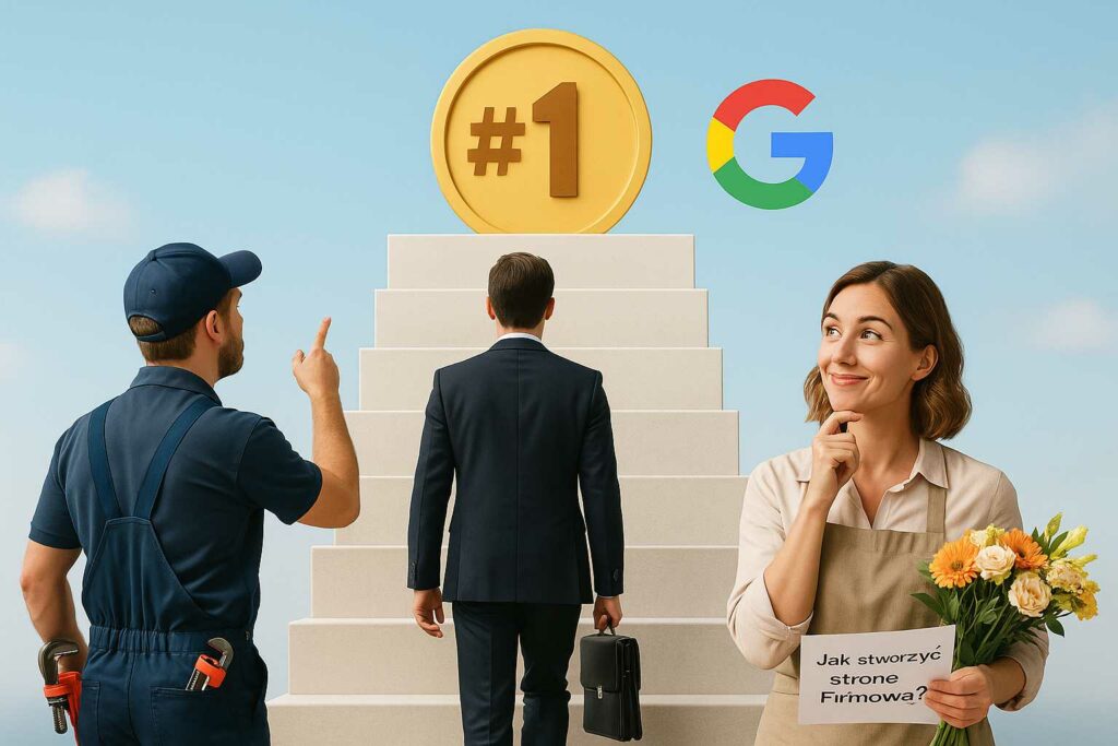 Trzech przedsiębiorców – hydraulik, prawnik i kwiaciarka – wspólnie wspinają się po schodach prowadzących do symbolu #1 Google, symbolizując drogę do pierwszej strony wyników wyszukiwania