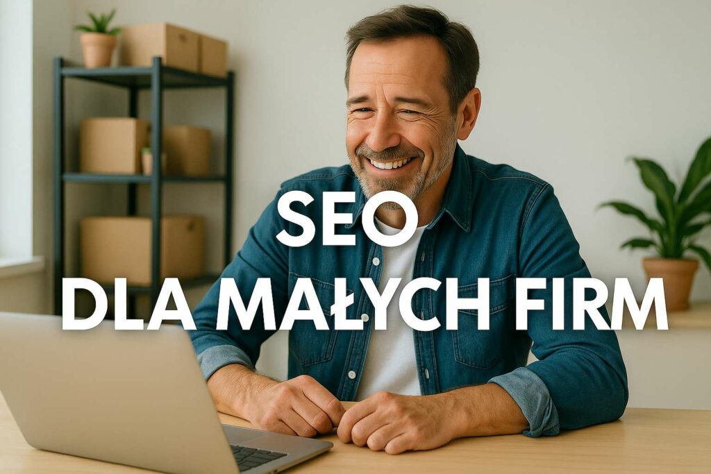 Uśmiechnięty właściciel małej firmy analizuje SEO na laptopie z dużym napisem SEO dla małych firm w jasnym biurze
