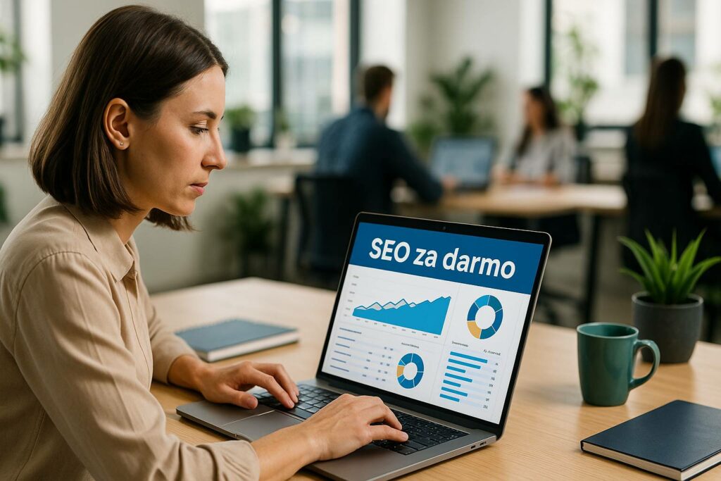 Specjalistka SEO analizuje dane na ekranie z napisem SEO za darmo w nowoczesnym biurze