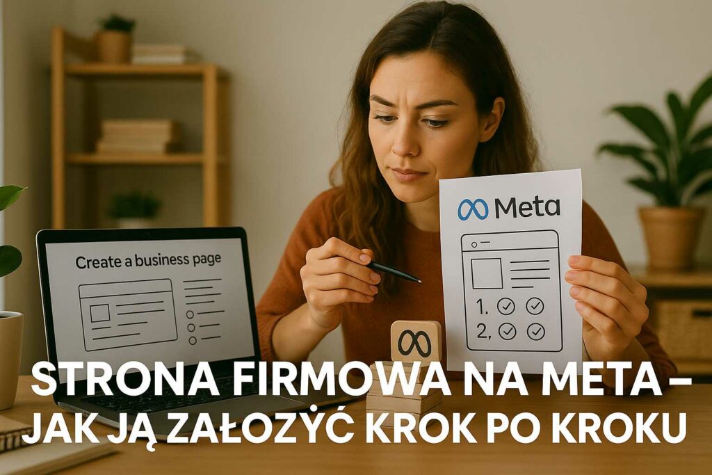 Młoda właścicielka sklepu patrzy z zainteresowaniem na laptopa, tworząc krok po kroku stronę firmową na Meta – w tle jasne wnętrze butiku z elementami dekoracyjnymi