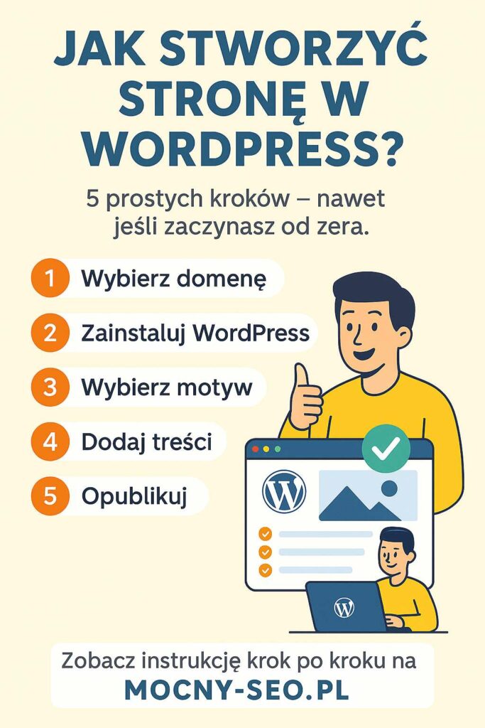 wordpress-5-krokow Grafika przedstawiająca jak stworzyć stronę internetową w WordPress krok po kroku – dla początkujących.